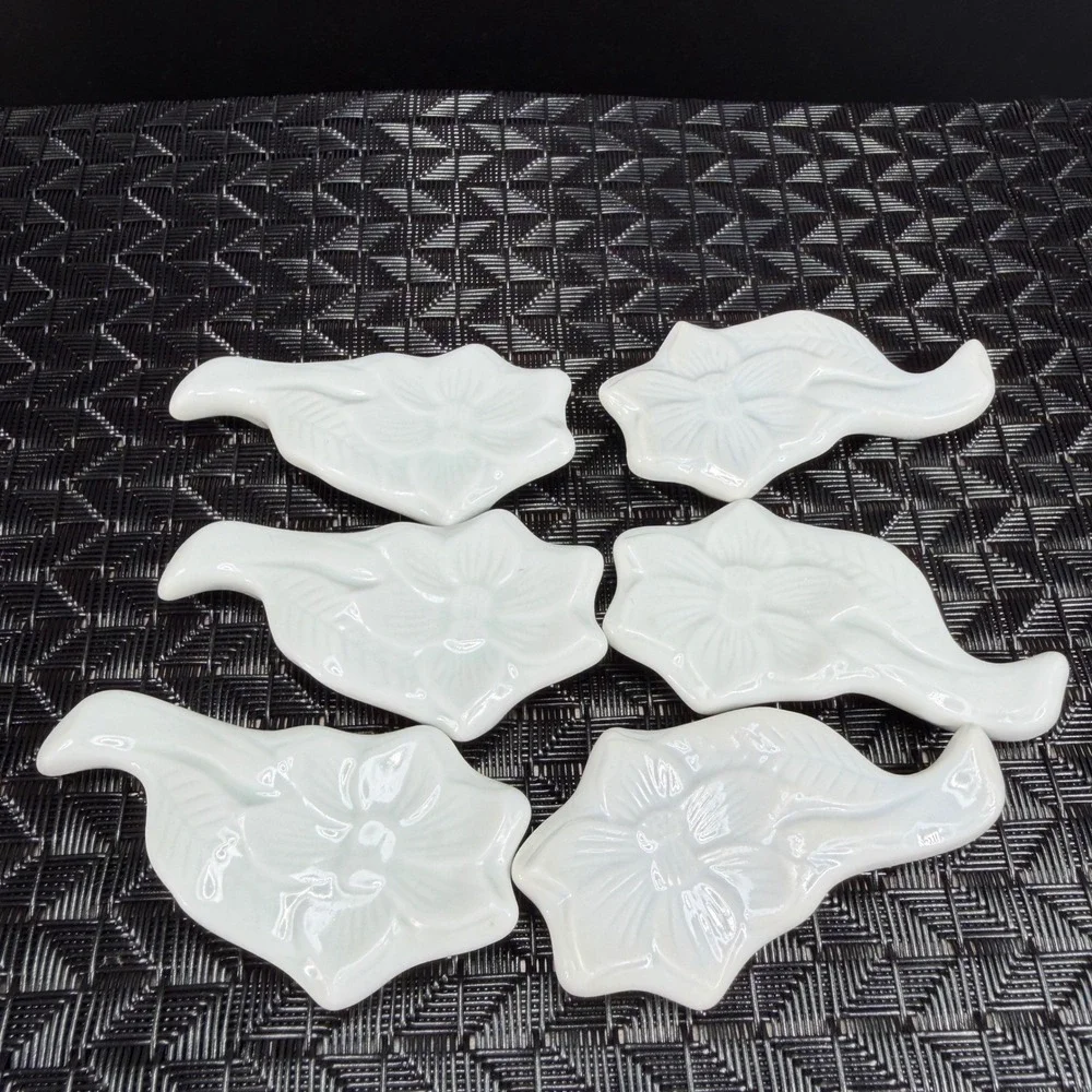 Vintage White Porcelain Floral Chopstick Rests Set of 6 Embossed Flower Leaf VTG